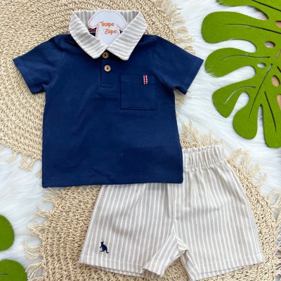 Conj Gola Polo Linho Marinho e Areia